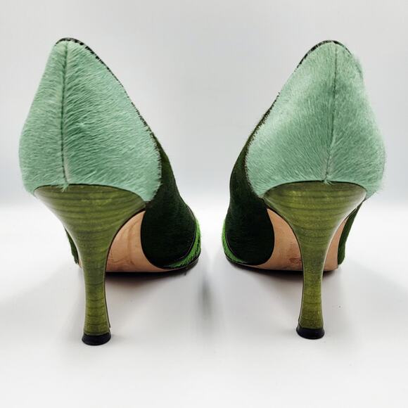 Manolo Blahnik Green Striped Pony Hair Pumps Brown Leather Trim Women's Sz 35.5 - Picture 7 of 11